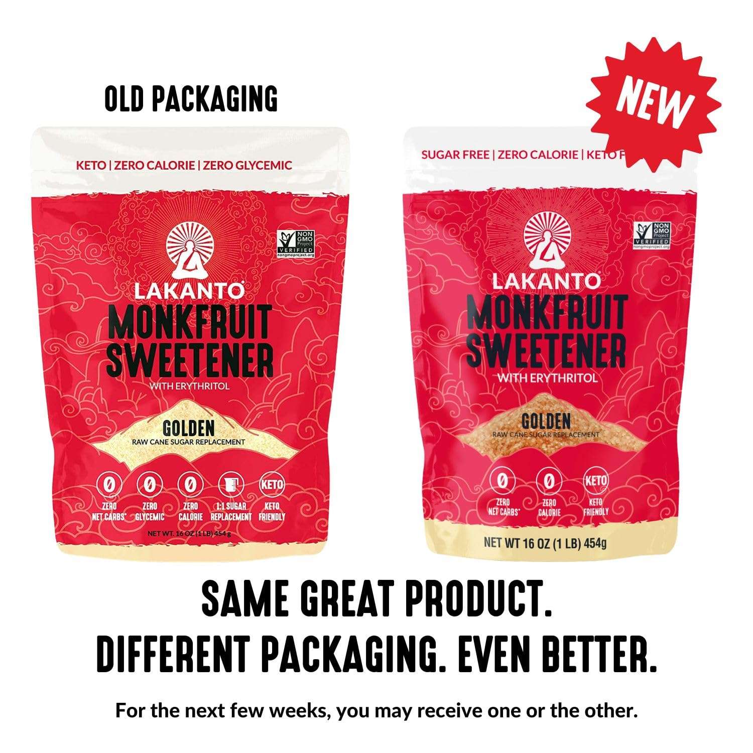 Lakanto sugar replacement monkfruit sweetener golden old and new packaging side by side showing labels Lakanto sugar replacement monkfruit sweetener golden old and new packaging side by side showing labels