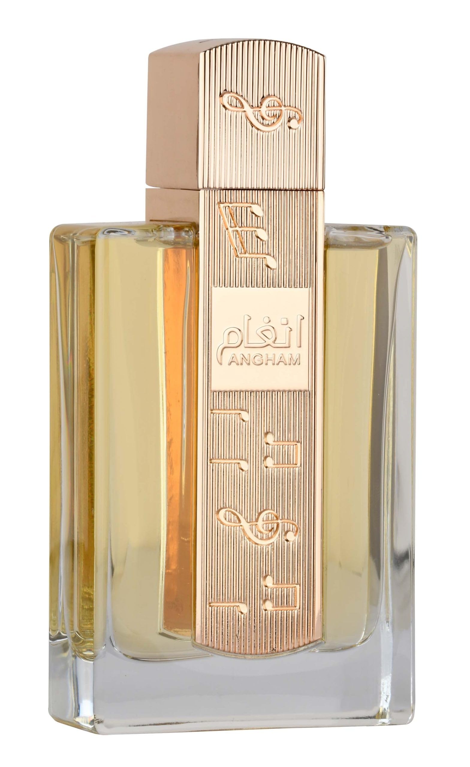 Lattafa Angham eau de parfum in a rectangular glass bottle with gold-tone decorative cap and label Lattafa Angham eau de parfum in a rectangular glass bottle with gold-tone decorative cap and label