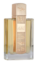 Lattafa Angham eau de parfum in a rectangular glass bottle with gold-tone decorative cap and label Lattafa Angham eau de parfum in a rectangular glass bottle with gold-tone decorative cap and label