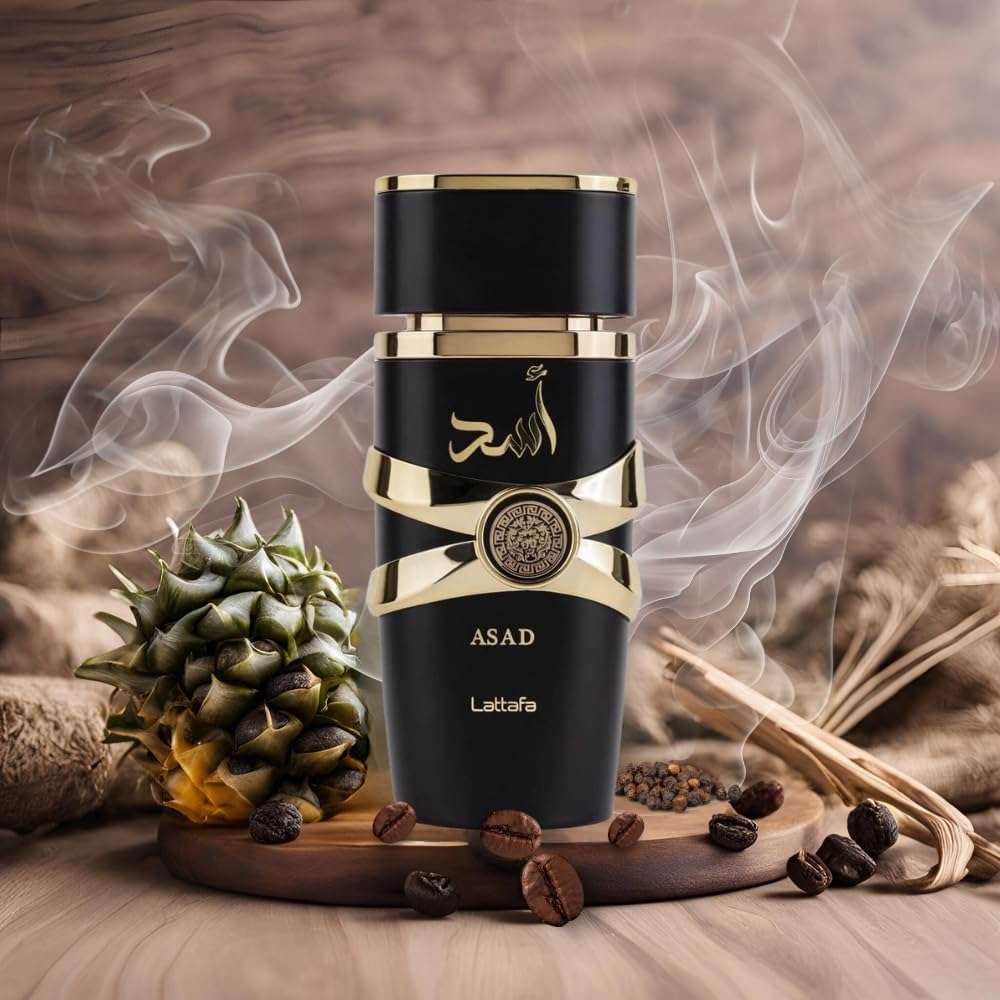 Lattafa Asad perfume for men black and gold bottle with decorative design on wooden surface with spices and smoke Lattafa Asad perfume for men black and gold bottle with decorative design on wooden surface with spices and smoke
