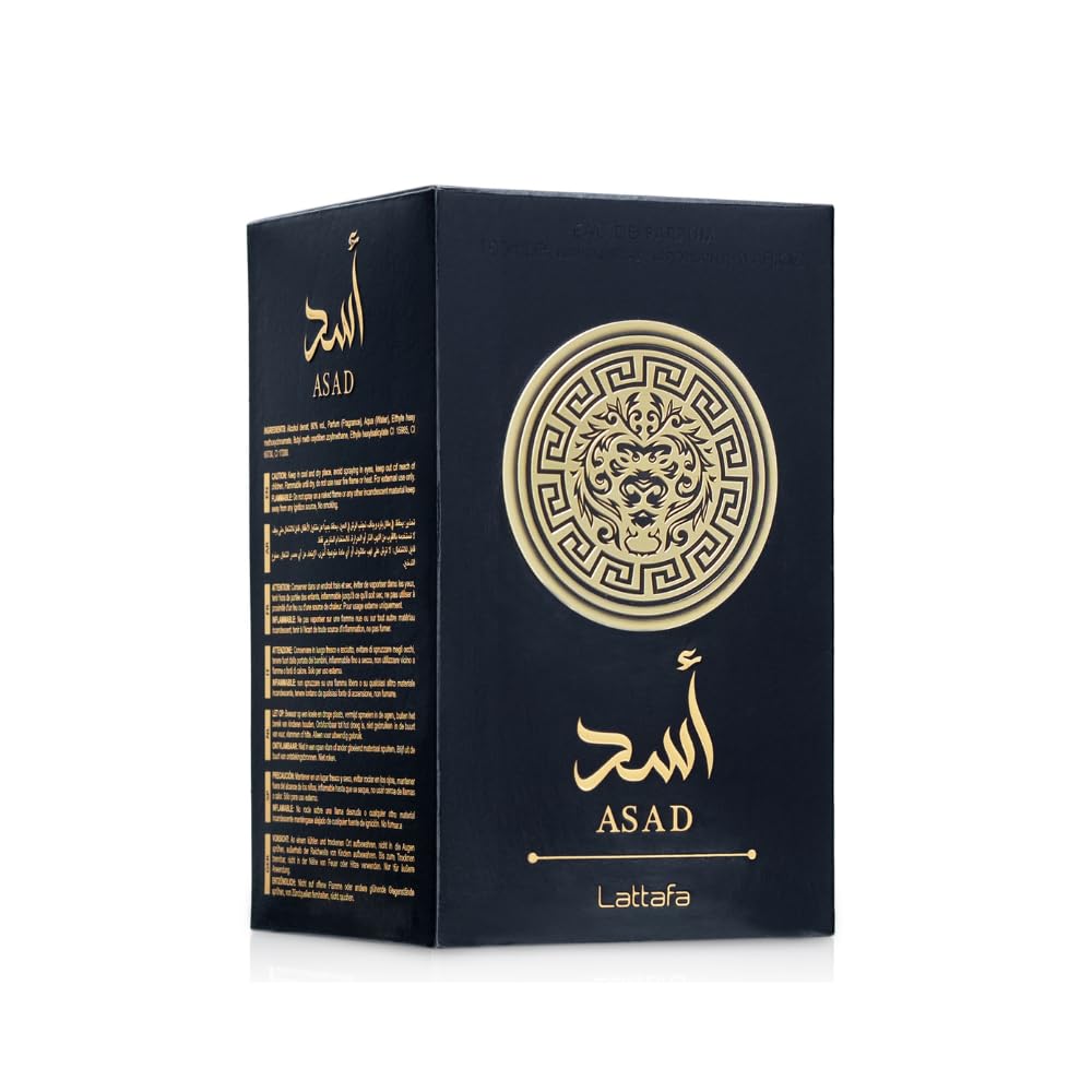 Lattafa Asad perfume for men black and gold box with lion emblem and Arabic script Lattafa Asad perfume for men black and gold box with lion emblem and Arabic script