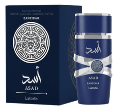 Lattafa Asad Zanzibar perfume men Eau de Parfum 100ml bottle and packaging in dark blue Lattafa Asad Zanzibar perfume men Eau de Parfum 100ml bottle and packaging in dark blue