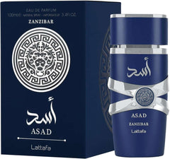 Lattafa Asad Zanzibar perfume men 100ml dark blue bottle with silver accents and matching box Lattafa Asad Zanzibar perfume men 100ml dark blue bottle with silver accents and matching box