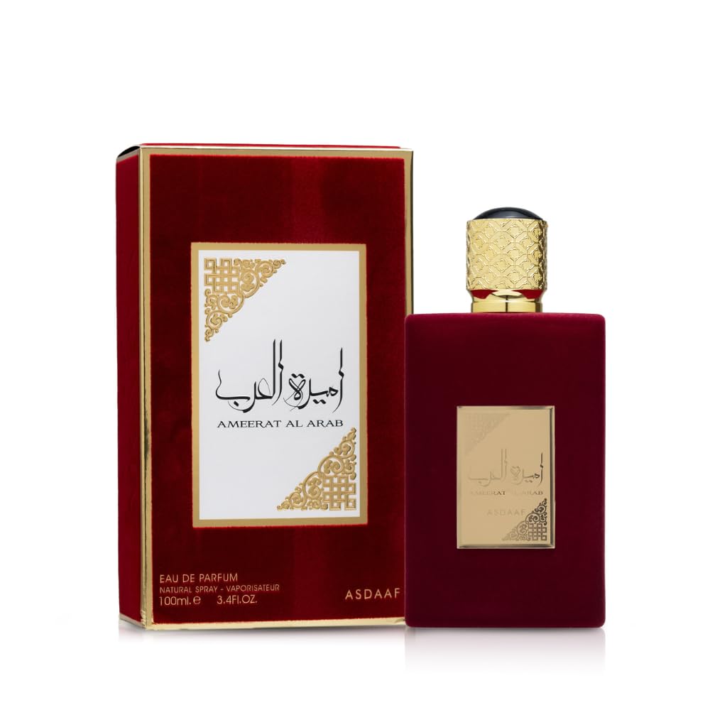 Lattafa Asdaaf Ameerat Al Arab perfume 100ml bottle in red velvet case with gold detailing Lattafa Asdaaf Ameerat Al Arab perfume 100ml bottle in red velvet case with gold detailing
