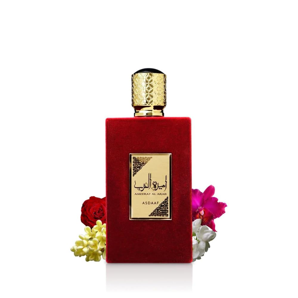 Lattafa Asdaaf Ameerat Al Arab perfume 100ml in elegant red velvet bottle with gold cap and floral accents Lattafa Asdaaf Ameerat Al Arab perfume 100ml in elegant red velvet bottle with gold cap and floral accents