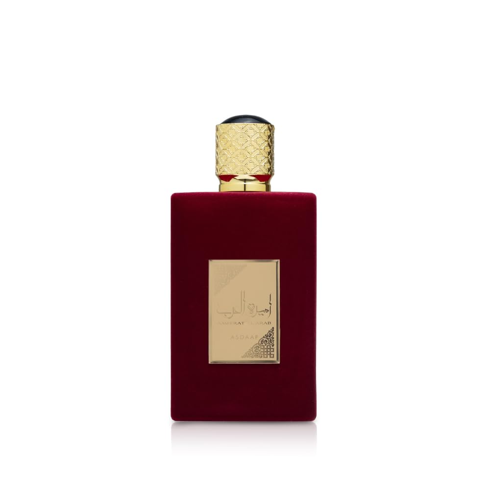 Lattafa Asdaaf Ameerat Al Arab perfume 100ml in a velvet dark red bottle with gold cap and label Lattafa Asdaaf Ameerat Al Arab perfume 100ml in a velvet dark red bottle with gold cap and label