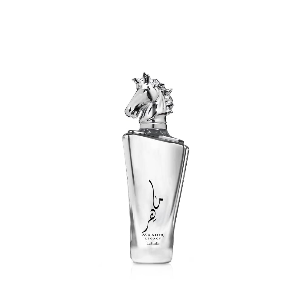 Lattafa Maahir Legacy perfume for men in a sleek silver bottle with a horse head cap Lattafa Maahir Legacy perfume for men in a sleek silver bottle with a horse head cap