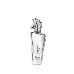 Lattafa Maahir Legacy perfume for men in a sleek silver bottle with a horse head cap Lattafa Maahir Legacy perfume for men in a sleek silver bottle with a horse head cap