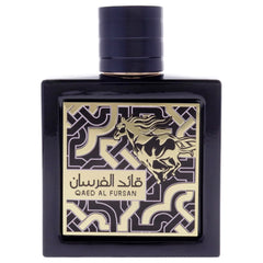 Lattafa Qaed Al Fursan perfume black square bottle with gold horse design and Arabic text Lattafa Qaed Al Fursan perfume black square bottle with gold horse design and Arabic text