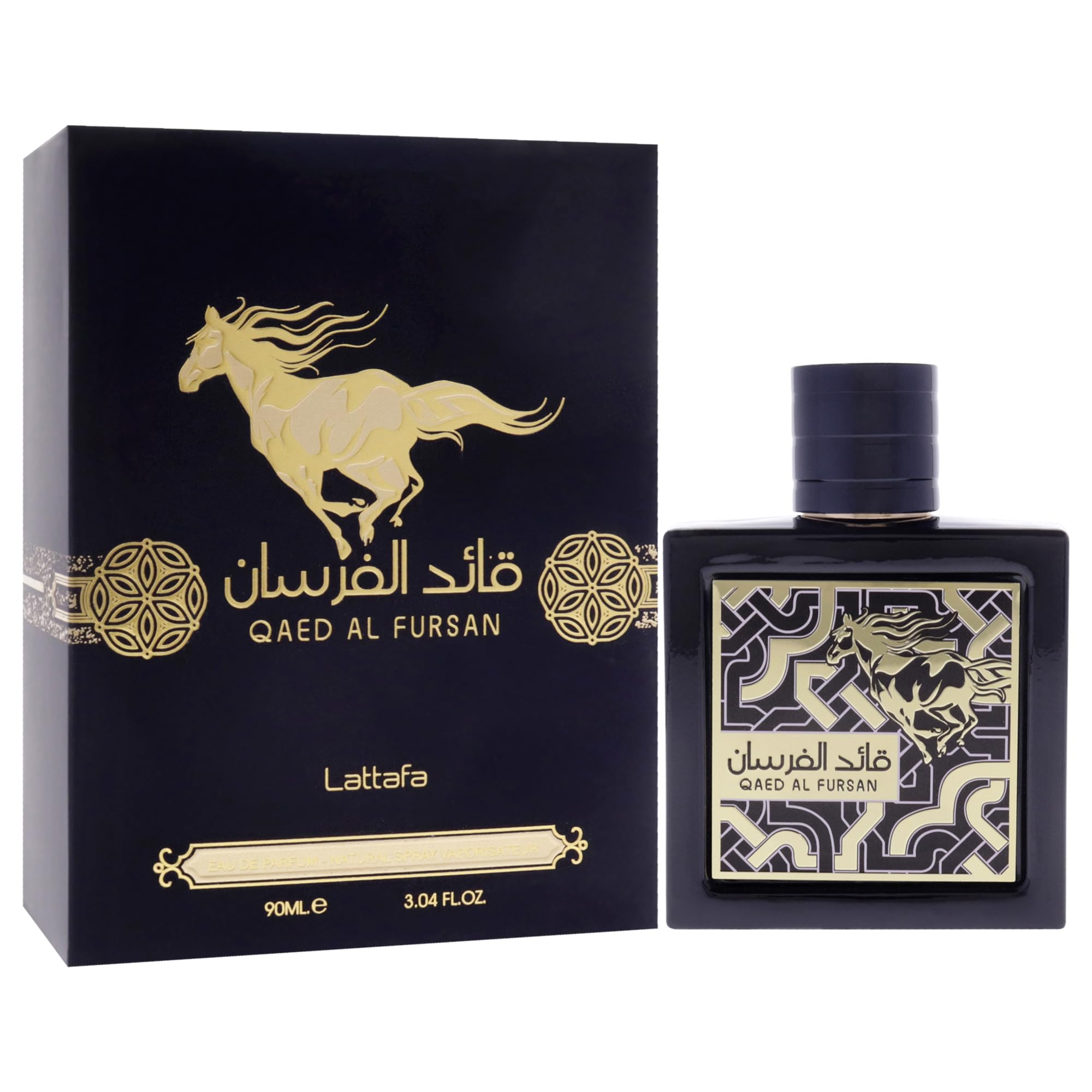 Lattafa Qaed Al Fursan perfume bottle and black gold packaging with horse design Lattafa Qaed Al Fursan perfume bottle and black gold packaging with horse design