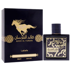 Lattafa Qaed Al Fursan perfume bottle and black gold packaging with horse design Lattafa Qaed Al Fursan perfume bottle and black gold packaging with horse design