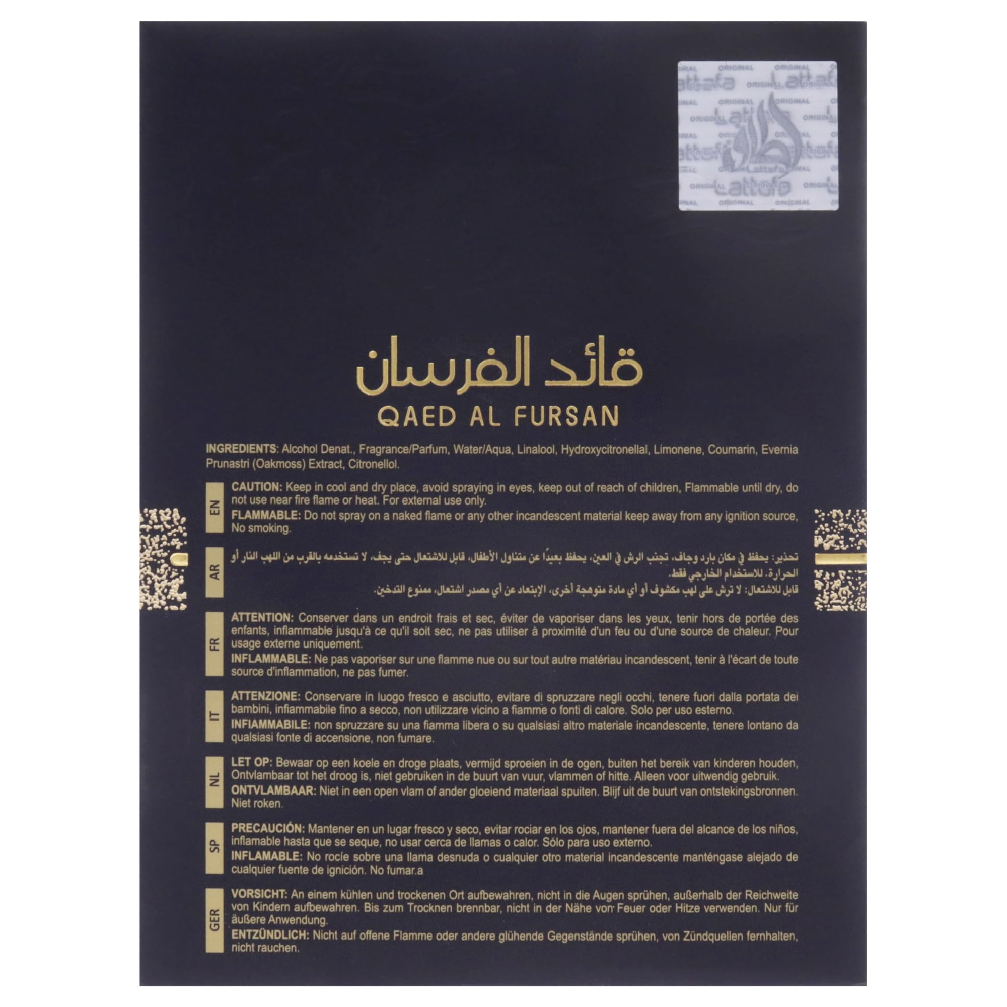 Lattafa Qaed Al Fursan perfume black packaging with gold Arabic text and safety instructions Lattafa Qaed Al Fursan perfume black packaging with gold Arabic text and safety instructions