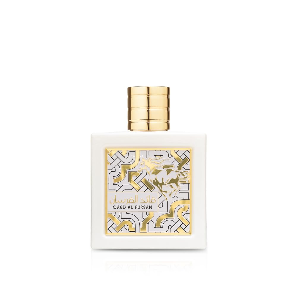 Lattafa Qaed al Fursan Unlimited perfume white bottle with gold geometric design and gold cap Lattafa Qaed al Fursan Unlimited perfume white bottle with gold geometric design and gold cap
