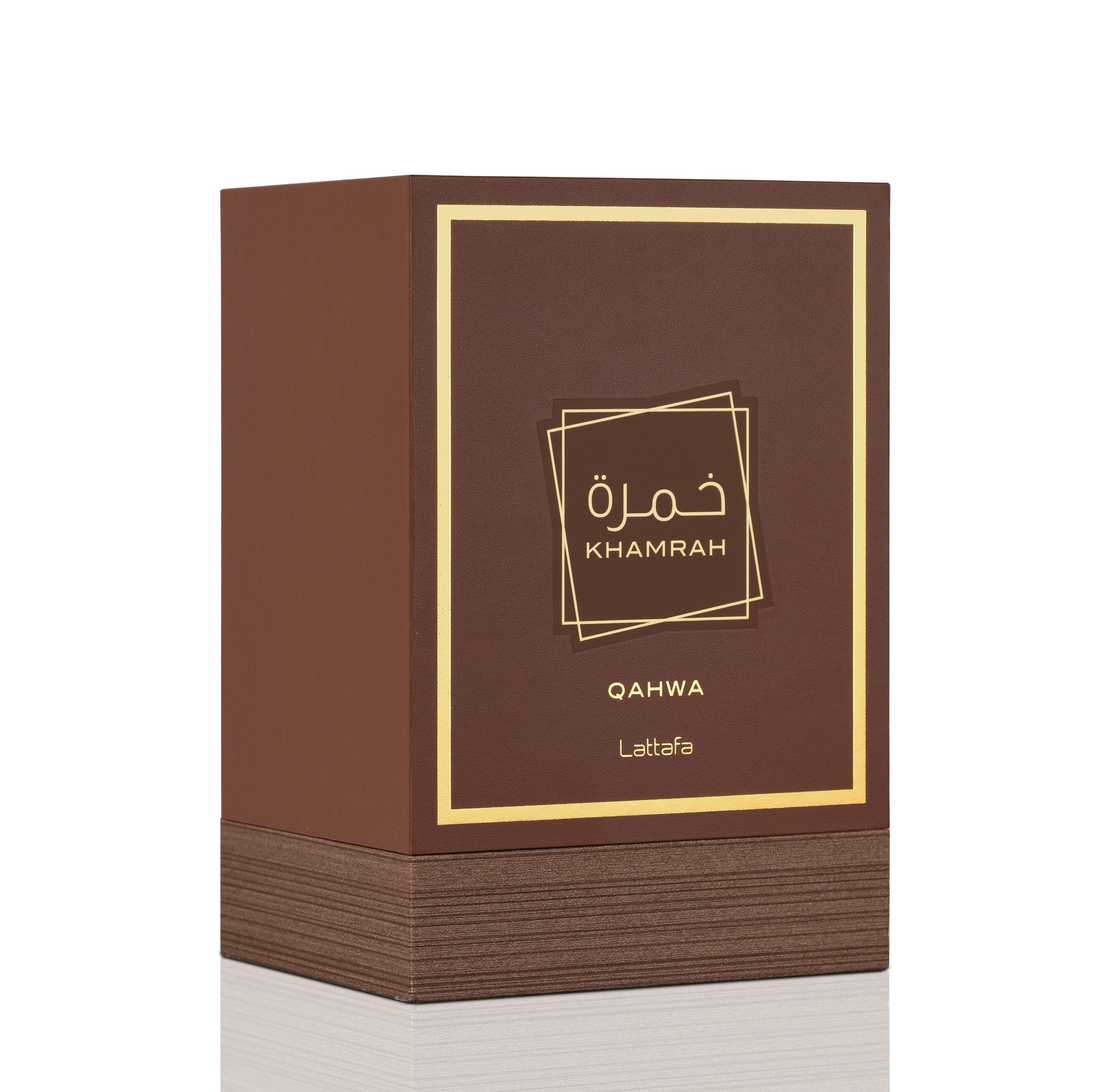 Unisex Arabic fragrance 100ml box packaging in brown with gold accents from Visit the Lattafa Store Unisex Arabic fragrance 100ml box packaging in brown with gold accents from Visit the Lattafa Store