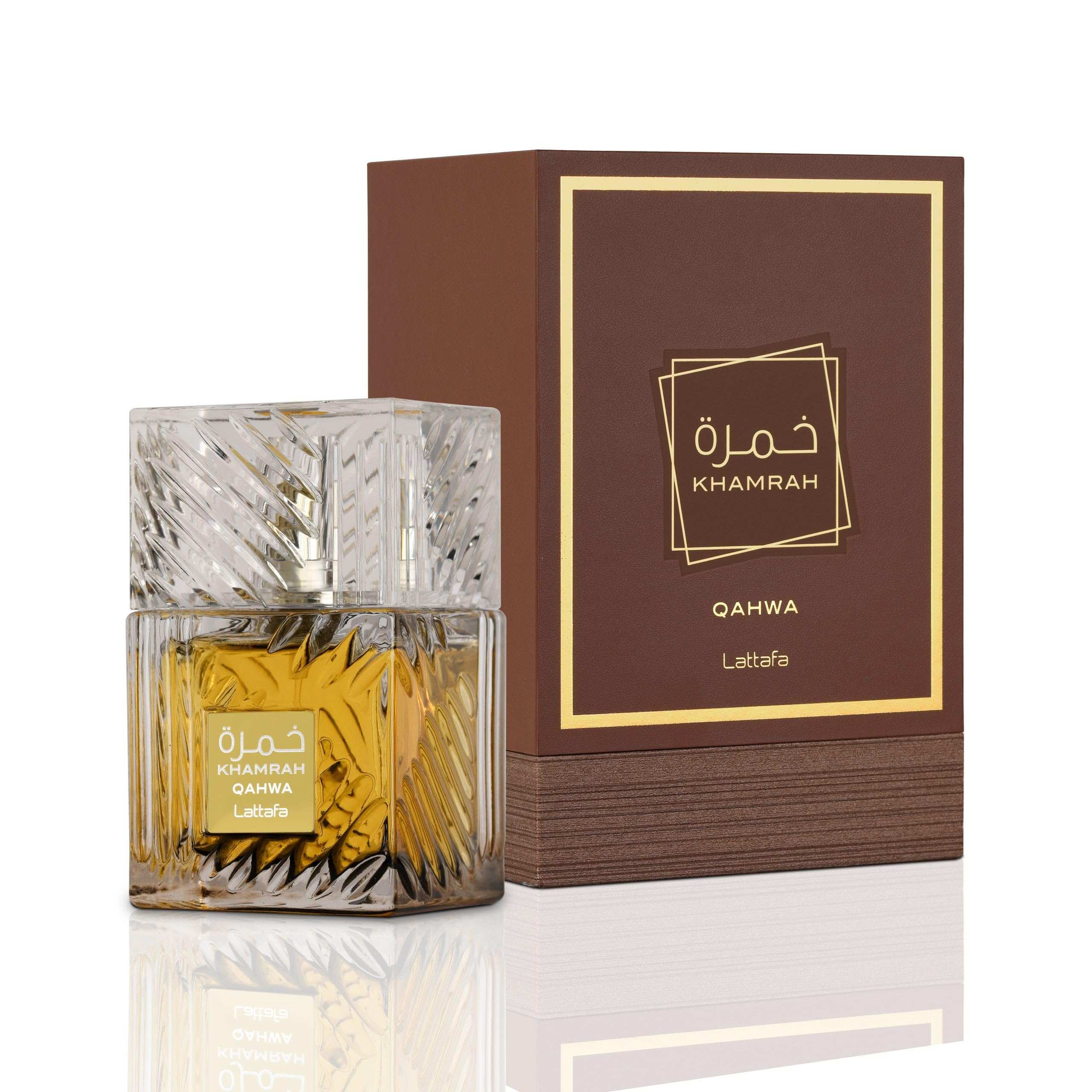 Unisex Arabic fragrance 100ml Khamrah Qahwa by Lattafa with decorative glass bottle and brown packaging Unisex Arabic fragrance 100ml Khamrah Qahwa by Lattafa with decorative glass bottle and brown packaging