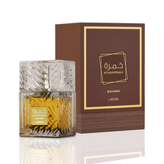 Unisex Arabic fragrance 100ml Khamrah Qahwa by Lattafa with decorative glass bottle and brown packaging Unisex Arabic fragrance 100ml Khamrah Qahwa by Lattafa with decorative glass bottle and brown packaging