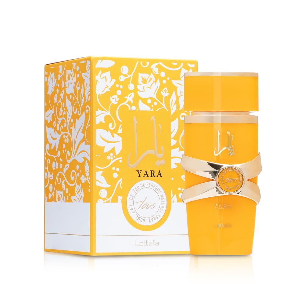 Lattafa Yara Tous perfume for women in bright yellow bottle with gold accents and matching decorative box Lattafa Yara Tous perfume for women in bright yellow bottle with gold accents and matching decorative box
