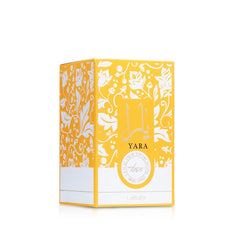 Lattafa Yara Tous perfume for women in yellow and white floral decorative box packaging Lattafa Yara Tous perfume for women in yellow and white floral decorative box packaging