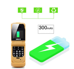 Mumzar mini flip phone bluetooth tan open with charging battery icon and 300mAh battery graphic Mumzar mini flip phone bluetooth tan open with charging battery icon and 300mAh battery graphic