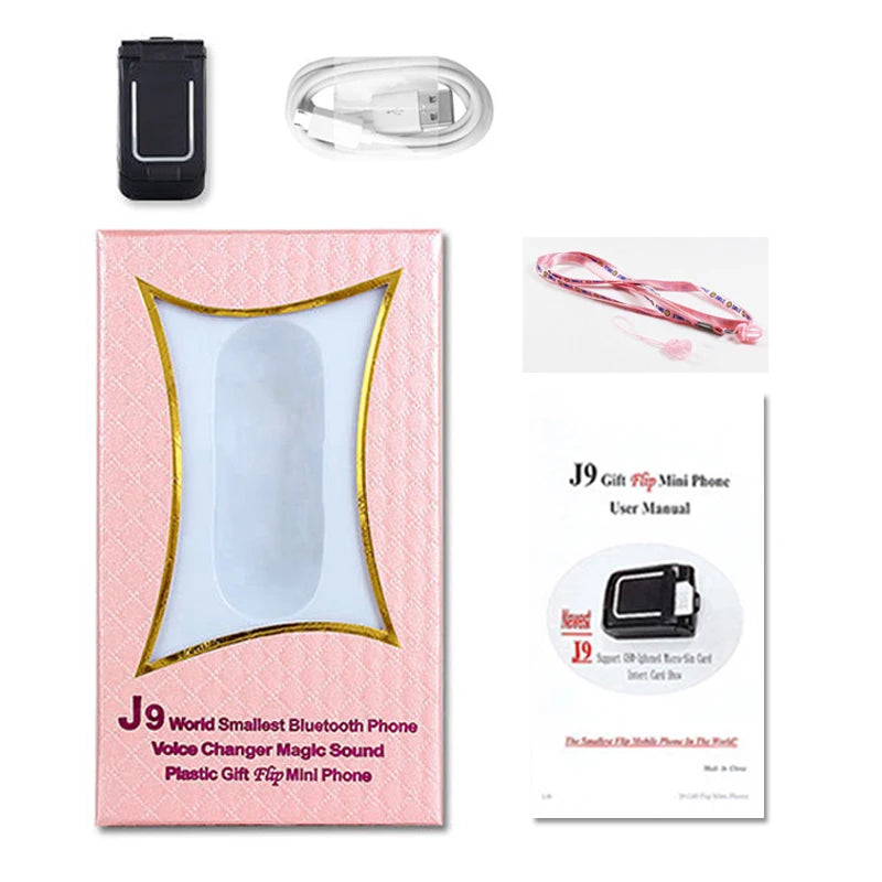 Pink boxed J9 mini flip phone bluetooth with USB cable belt clip lanyard and user manual by Mumzar Pink boxed J9 mini flip phone bluetooth with USB cable belt clip lanyard and user manual by Mumzar