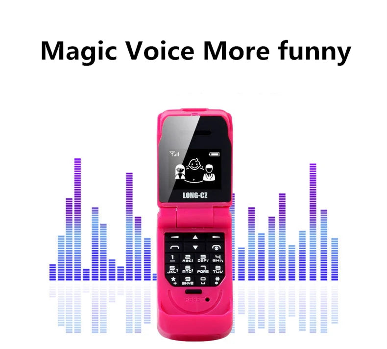 Mumzar pink mini flip phone bluetooth open showing numeric keypad small display icons and audio equalizer graphics Mumzar pink mini flip phone bluetooth open showing numeric keypad small display icons and audio equalizer graphics
