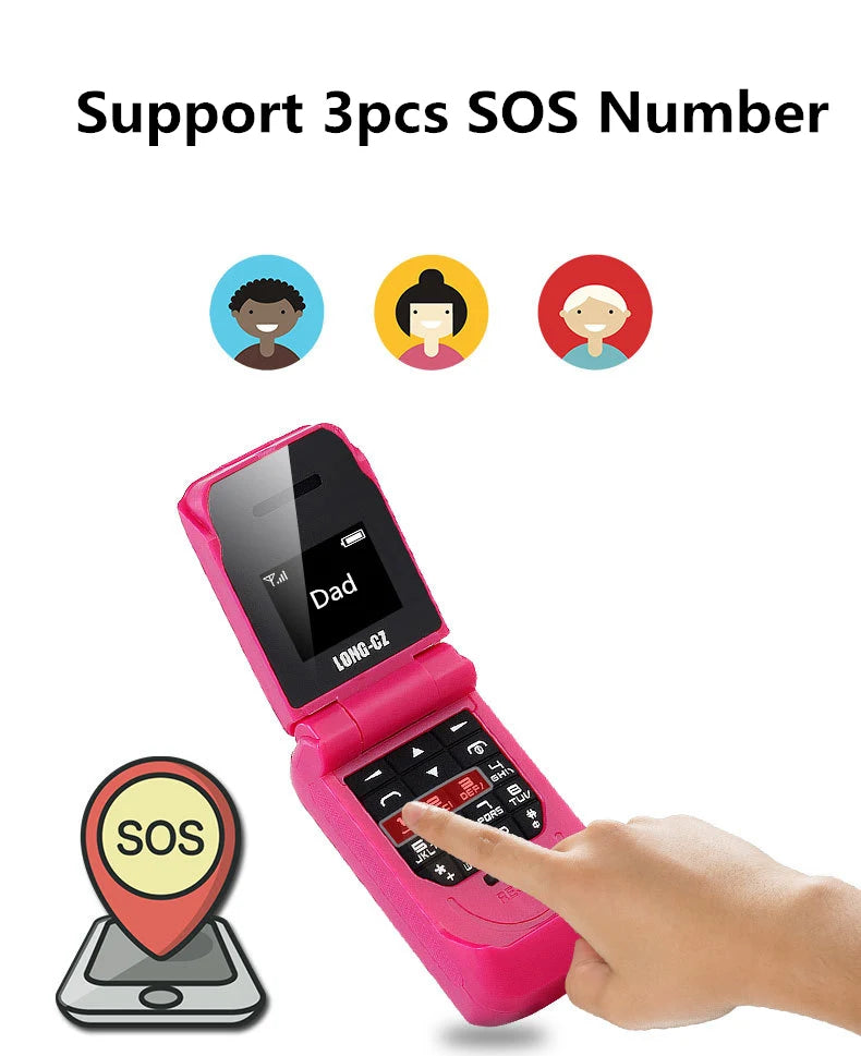 Mumzar pink mini flip phone bluetooth with SOS contacts open showing Dad on screen and finger pressing keypad Mumzar pink mini flip phone bluetooth with SOS contacts open showing Dad on screen and finger pressing keypad