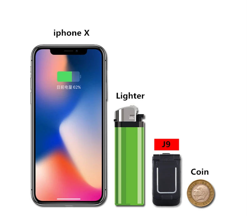 Mumzar mini flip phone bluetooth J9 small black flip phone beside iPhone X lighter and coin for size comparison Mumzar mini flip phone bluetooth J9 small black flip phone beside iPhone X lighter and coin for size comparison