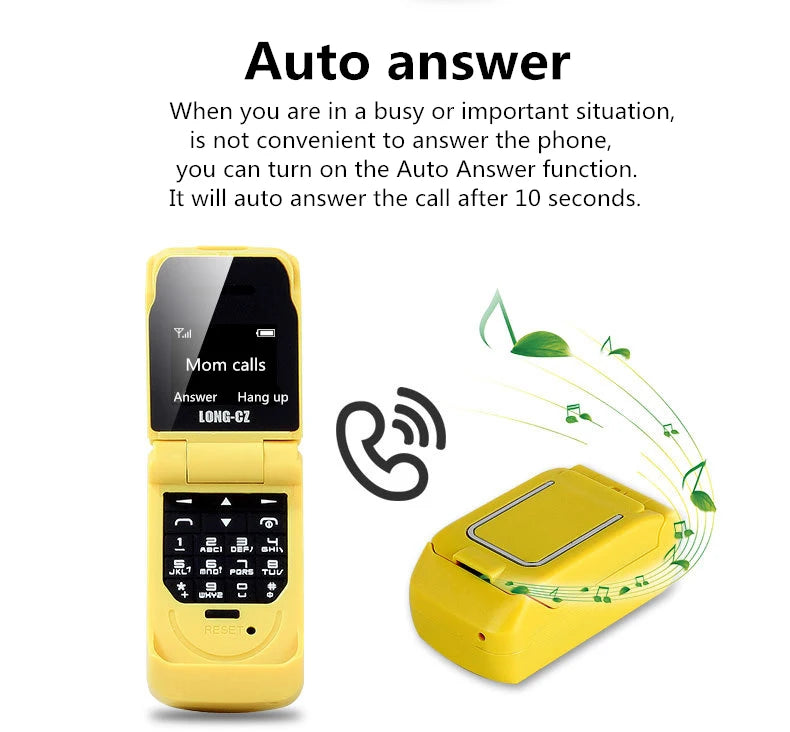 Mumzar yellow mini flip phone bluetooth with auto answer feature shown open and closed Mumzar yellow mini flip phone bluetooth with auto answer feature shown open and closed