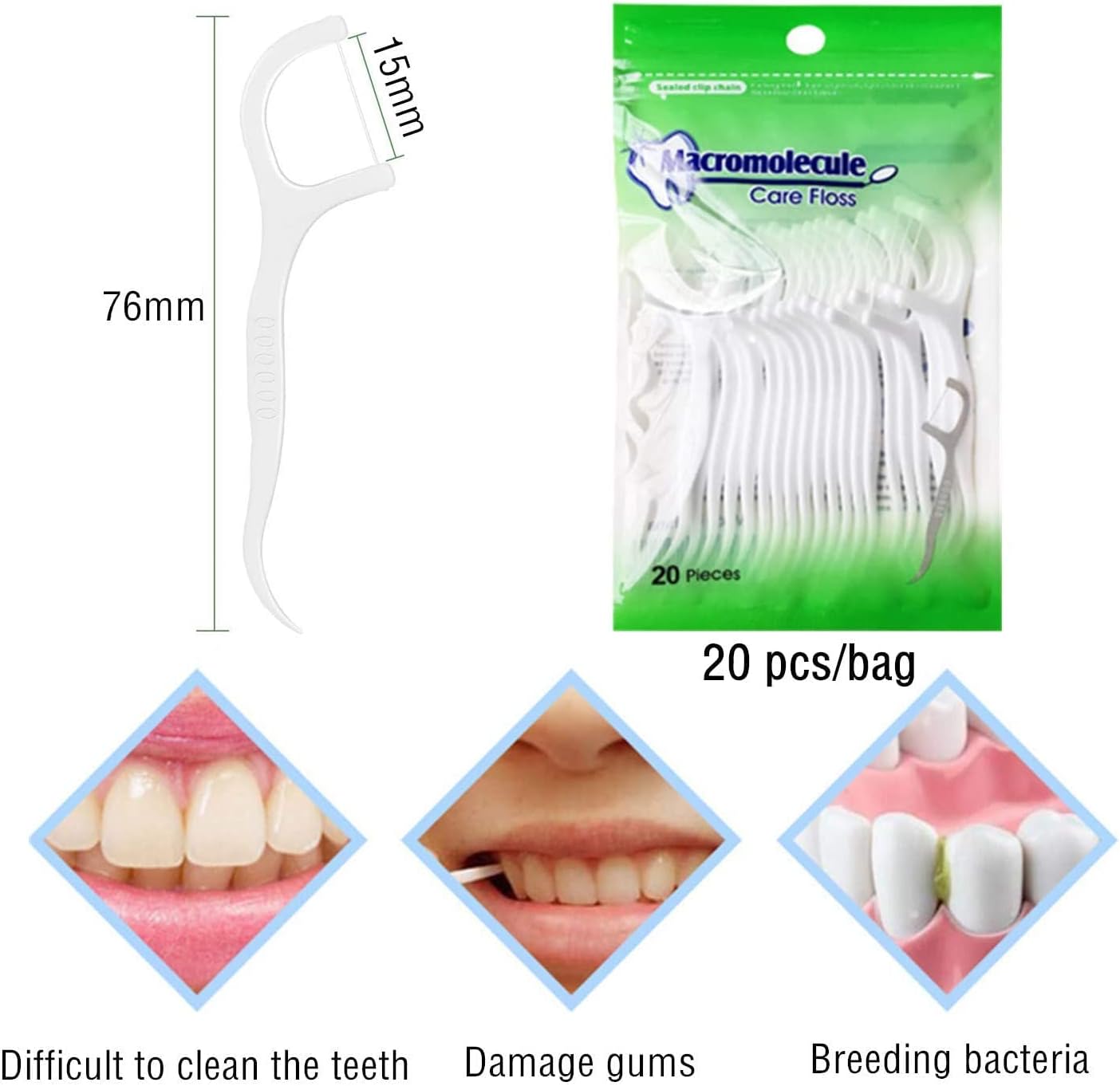 White plastic floss pick 76mm x 15mm and green 20 pcs bag shown for oral care, dental floss picks 160 pcs. White plastic floss pick 76mm x 15mm and green 20 pcs bag shown for oral care, dental floss picks 160 pcs.