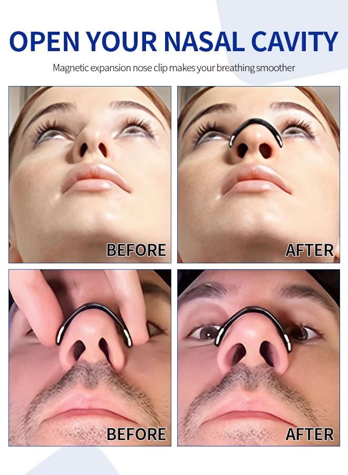 HAYALUX magnetic nasal strips for snoring improve breathing with easy-to-use design, shown in before and after effects HAYALUX magnetic nasal strips for snoring improve breathing with easy-to-use design, shown in before and after effects