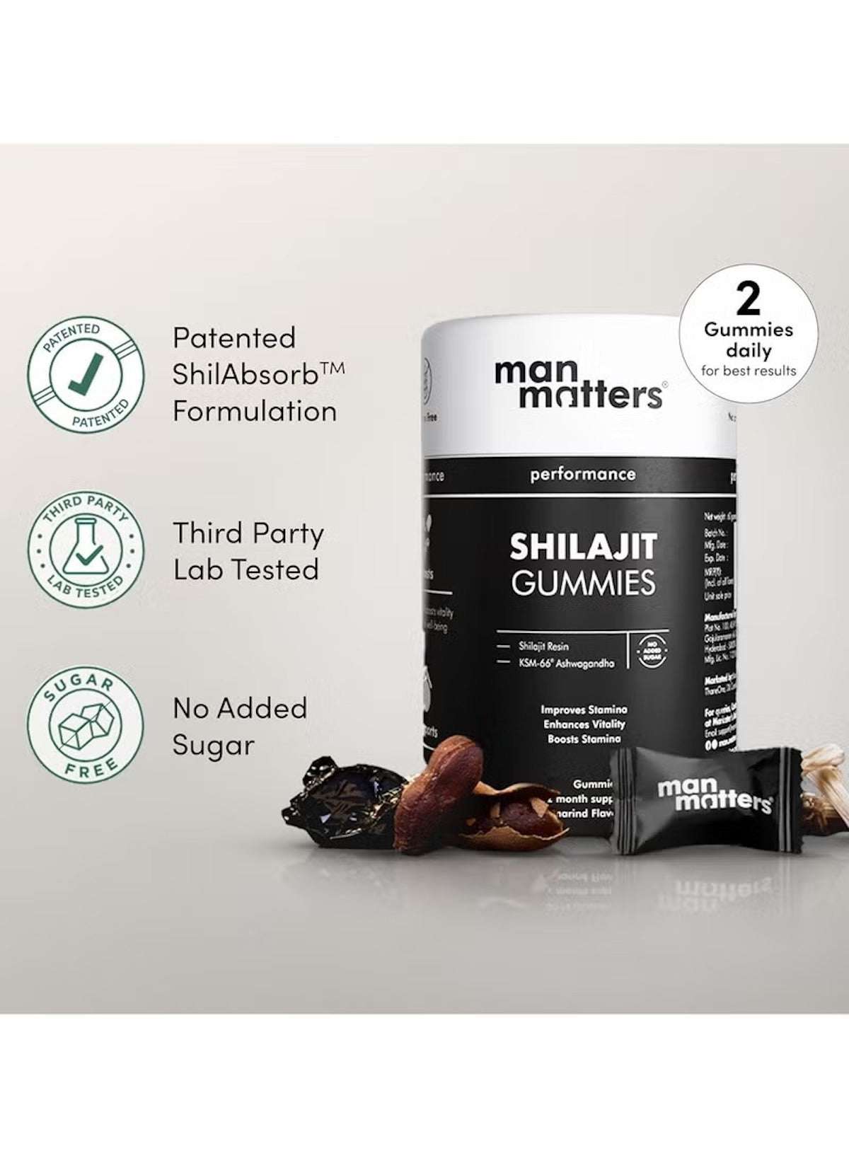 Man Matters Shilajit gummies for men in a container, promoting energy and vitality with no added sugar Man Matters Shilajit gummies for men in a container, promoting energy and vitality with no added sugar