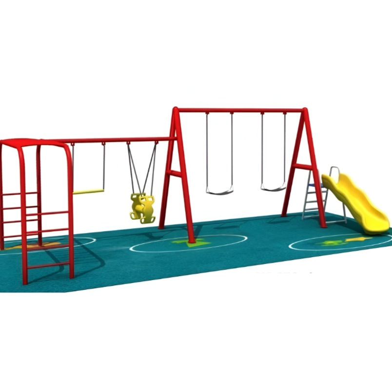 Huitich metal playset with slide and swings featuring red frame and yellow slide on playground surface Huitich metal playset with slide and swings featuring red frame and yellow slide on playground surface