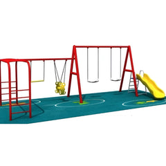 Huitich metal playset with slide and swings featuring red frame and yellow slide on playground surface Huitich metal playset with slide and swings featuring red frame and yellow slide on playground surface