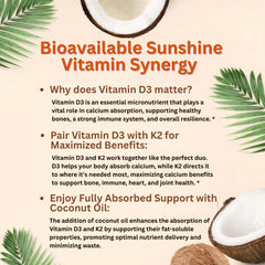 Micro Ingredients Vitamin D3 K2 supplement UAE product label with coconuts palm leaves and benefits text Micro Ingredients Vitamin D3 K2 supplement UAE product label with coconuts palm leaves and benefits text