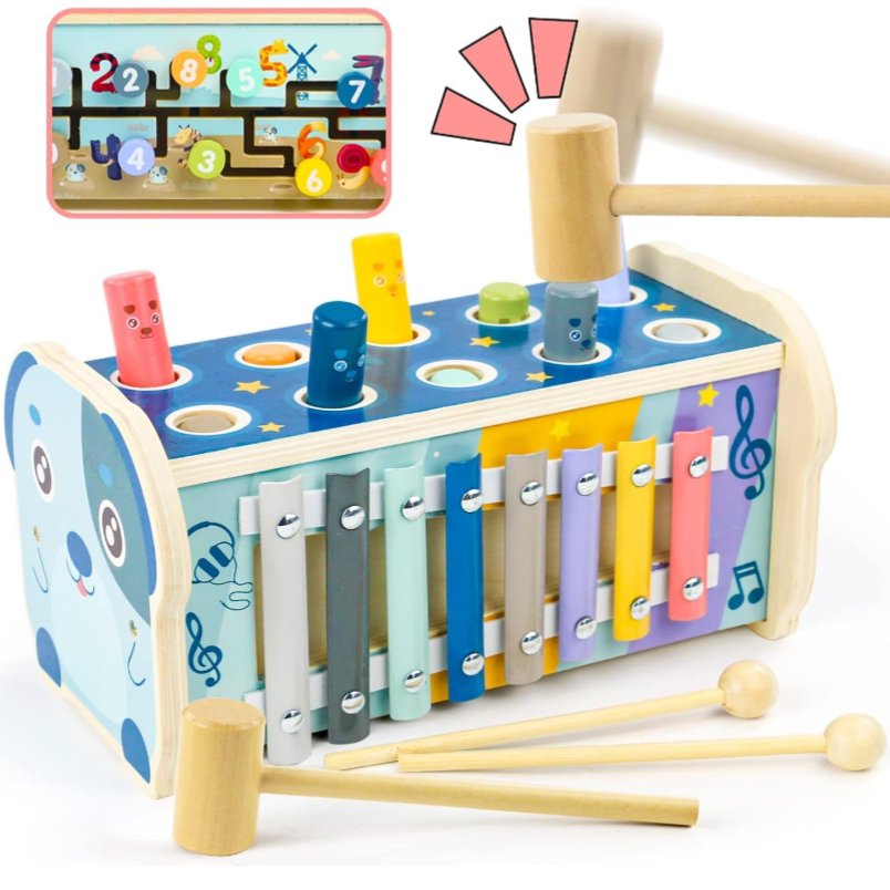 Huitich multi-activity wooden toy for infants with colorful xylophone and hammer peg game Huitich multi-activity wooden toy for infants with colorful xylophone and hammer peg game