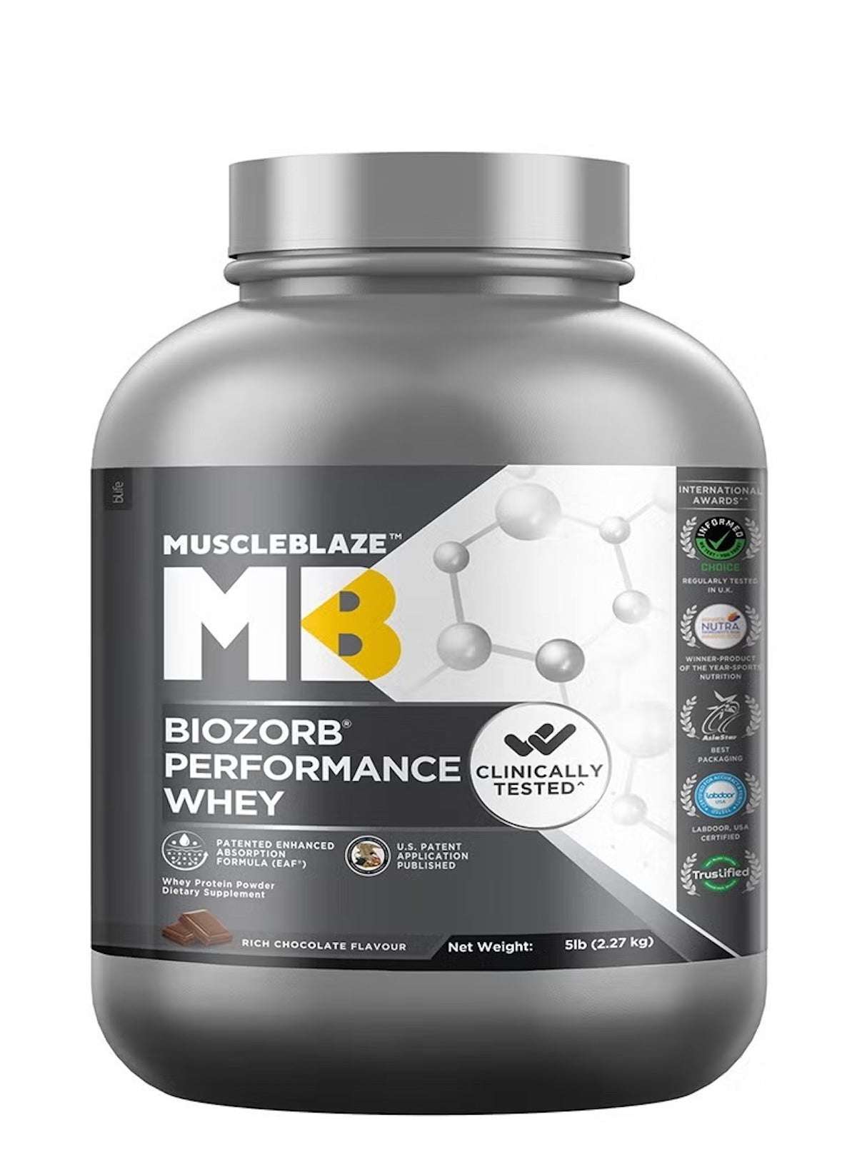 MuscleBlaze Biozorb whey protein UAE in rich chocolate flavor, 5 lb container for muscle recovery MuscleBlaze Biozorb whey protein UAE in rich chocolate flavor, 5 lb container for muscle recovery