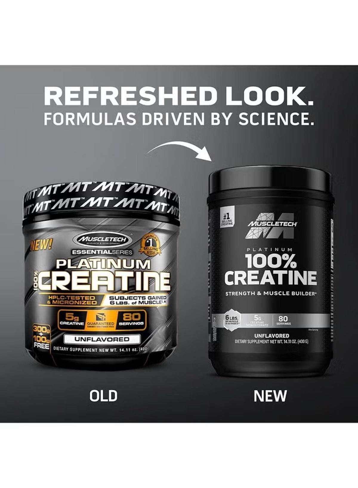 MuscleTech creatine monohydrate supplement 400g comparing old and new packaging for enhanced performance MuscleTech creatine monohydrate supplement 400g comparing old and new packaging for enhanced performance