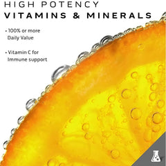 Close-up of an orange slice with bubbles highlighting vitamins and minerals for MuscleTech multivitamin supplement Close-up of an orange slice with bubbles highlighting vitamins and minerals for MuscleTech multivitamin supplement