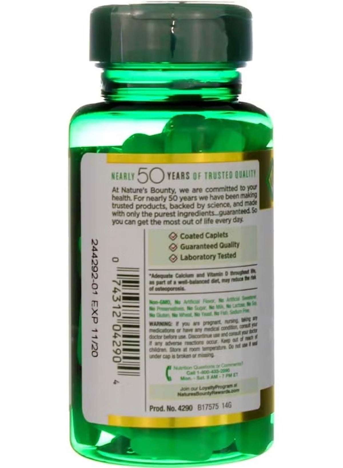 Nature's Bounty calcium magnesium zinc vitamin D3 supplement in a green bottle for bone health Nature's Bounty calcium magnesium zinc vitamin D3 supplement in a green bottle for bone health