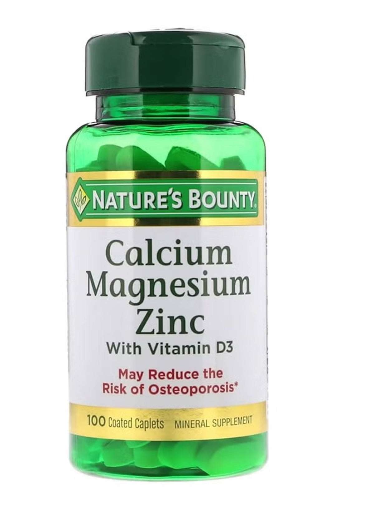 Nature's Bounty Calcium Magnesium Zinc Vitamin D3 supplement bottle with 100 coated caplets for bone health Nature's Bounty Calcium Magnesium Zinc Vitamin D3 supplement bottle with 100 coated caplets for bone health