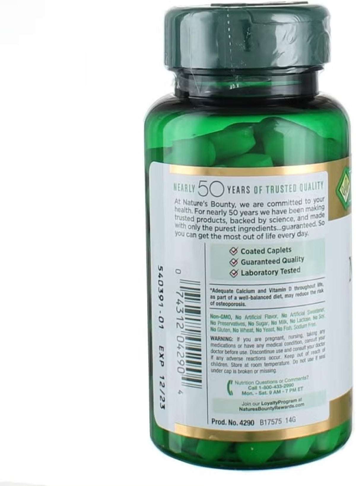 Nature's Bounty Calcium Magnesium Zinc Vitamin D3 supplement in a green bottle with coated caplets Nature's Bounty Calcium Magnesium Zinc Vitamin D3 supplement in a green bottle with coated caplets