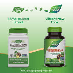 Natures Way glucomannan supplements UAE packaging comparison showing old white bottle and new green bottle Natures Way glucomannan supplements UAE packaging comparison showing old white bottle and new green bottle