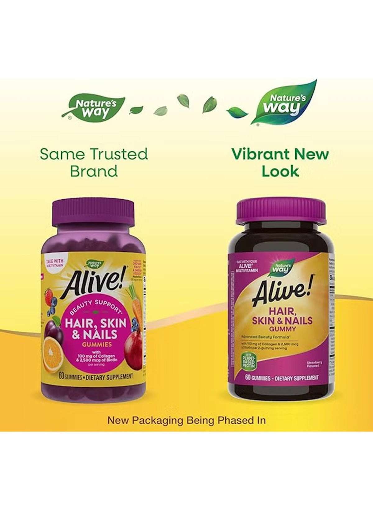 Nature's Way Alive! hair skin and nails gummies in vibrant new packaging for healthy beauty support Nature's Way Alive! hair skin and nails gummies in vibrant new packaging for healthy beauty support