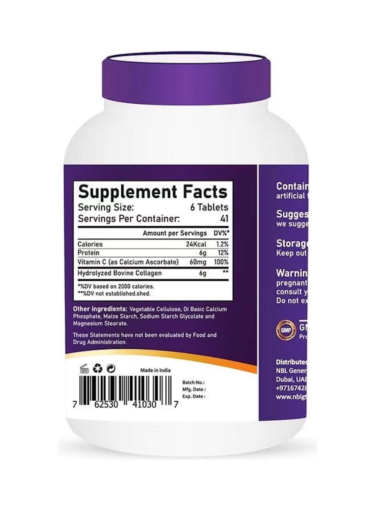 NBL NATURAL super collagen with vitamin C tablets in a white bottle with supplement facts label NBL NATURAL super collagen with vitamin C tablets in a white bottle with supplement facts label