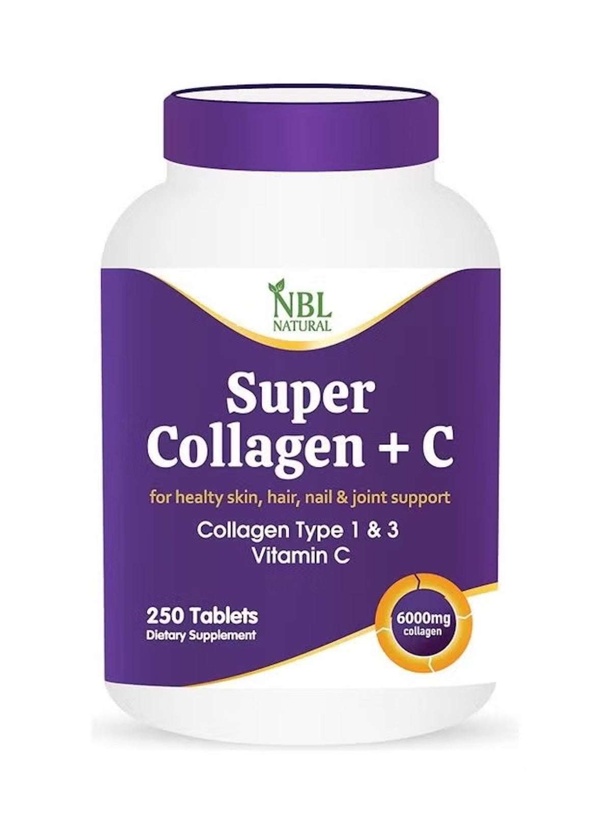NBL Natural Super Collagen with Vitamin C Tablets in a 250-count bottle for healthy skin, hair, nails, and joint support NBL Natural Super Collagen with Vitamin C Tablets in a 250-count bottle for healthy skin, hair, nails, and joint support