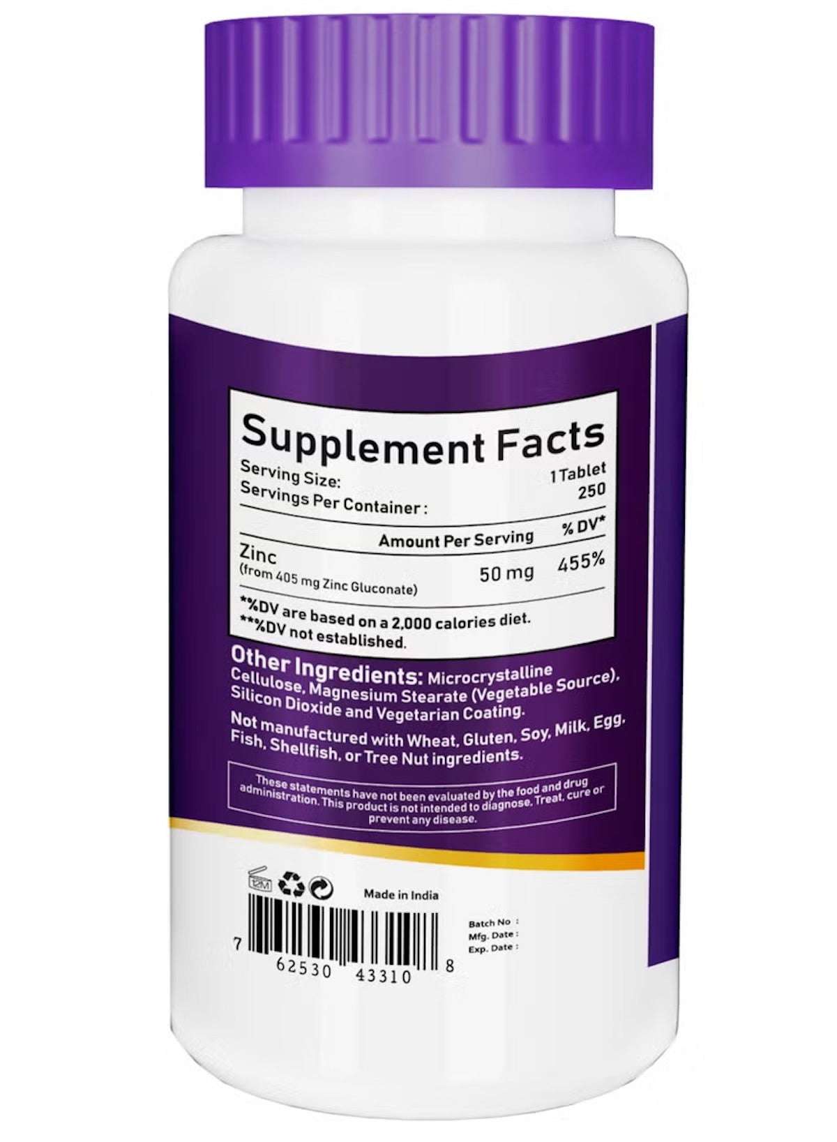 NBL Natural Zinc Gluconate 50mg Tablets Bottle with Supplement Facts Label and Serving Information NBL Natural Zinc Gluconate 50mg Tablets Bottle with Supplement Facts Label and Serving Information