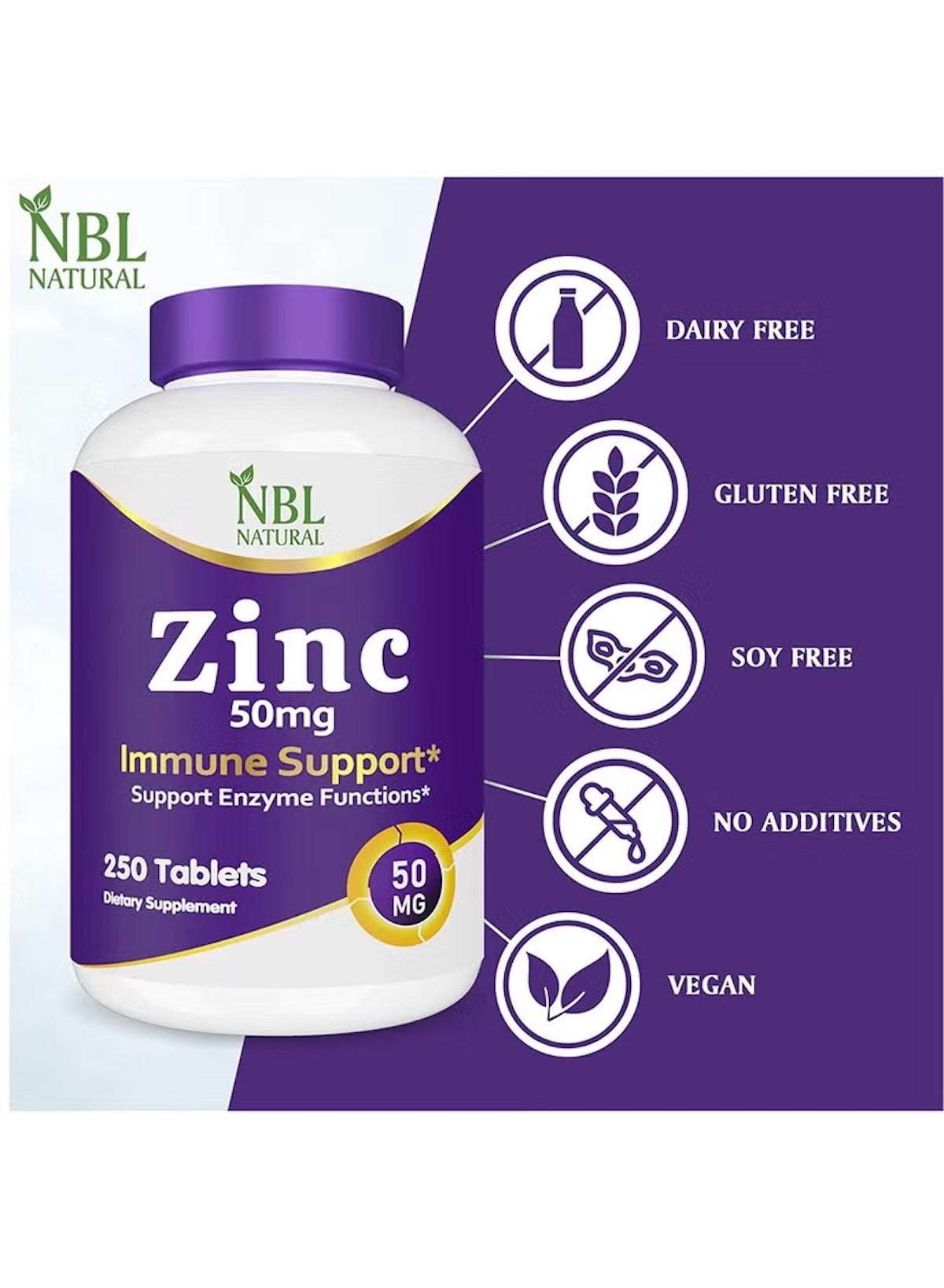NBL Natural Zinc Gluconate 50mg Tablets for immune support in a gluten-free and vegan formula NBL Natural Zinc Gluconate 50mg Tablets for immune support in a gluten-free and vegan formula