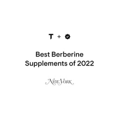 THORNE white badge reading Best Berberine Supplements of 2022 with New York logo featuring Berberine supplement THORNE white badge reading Best Berberine Supplements of 2022 with New York logo featuring Berberine supplement