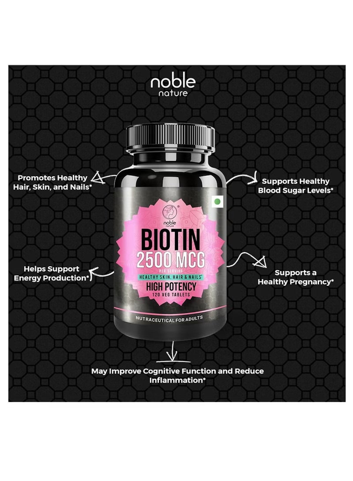 Noble Nature Biotin 2500mcg tablets in a black bottle promoting healthy hair, skin, and nails Noble Nature Biotin 2500mcg tablets in a black bottle promoting healthy hair, skin, and nails