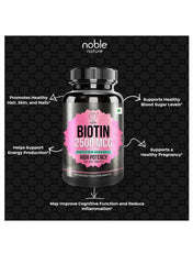 Noble Nature Biotin 2500mcg tablets in a black bottle promoting healthy hair, skin, and nails Noble Nature Biotin 2500mcg tablets in a black bottle promoting healthy hair, skin, and nails